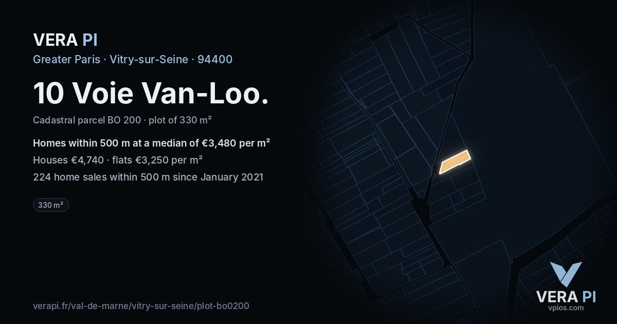 10 Voie Van-Loo, Vitry-sur-Seine at night – the plot lit, the parcels around coloured by the prices near them
