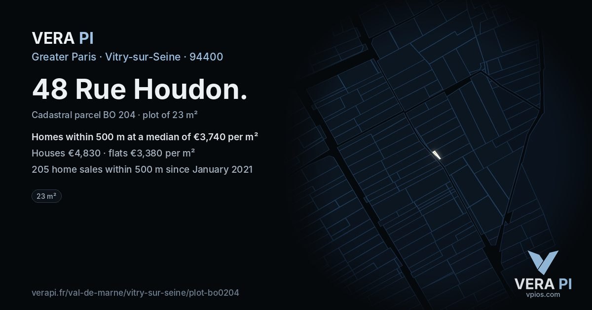 48 Rue Houdon, Vitry-sur-Seine at night – the plot lit, the parcels around coloured by the prices near them