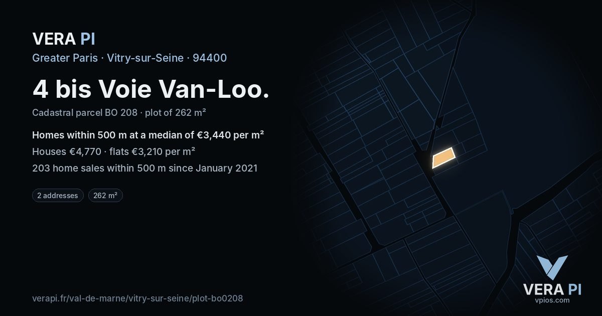 4 bis Voie Van-Loo, Vitry-sur-Seine at night – the plot lit, the parcels around coloured by the prices near them