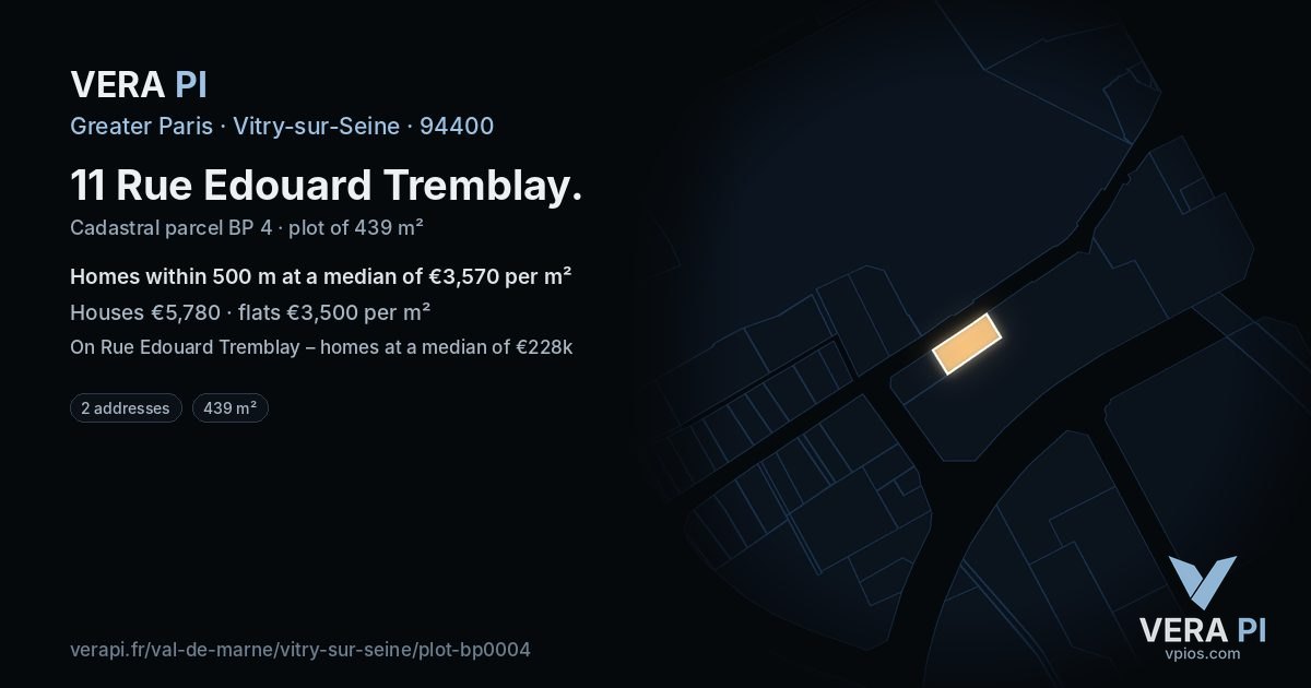11 Rue Edouard Tremblay, Vitry-sur-Seine at night – the plot lit, the parcels around coloured by the prices near them