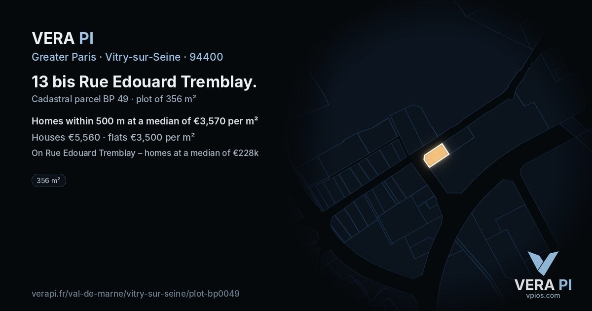 13 bis Rue Edouard Tremblay, Vitry-sur-Seine at night – the plot lit, the parcels around coloured by the prices near them
