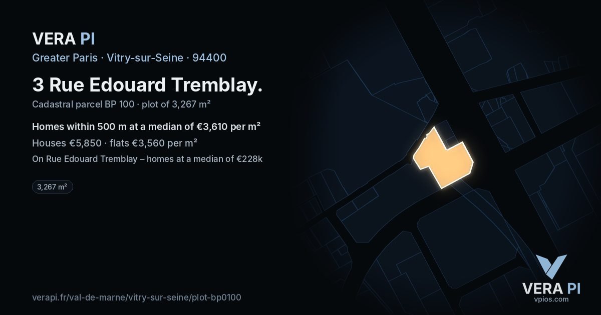 3 Rue Edouard Tremblay, Vitry-sur-Seine at night – the plot lit, the parcels around coloured by the prices near them