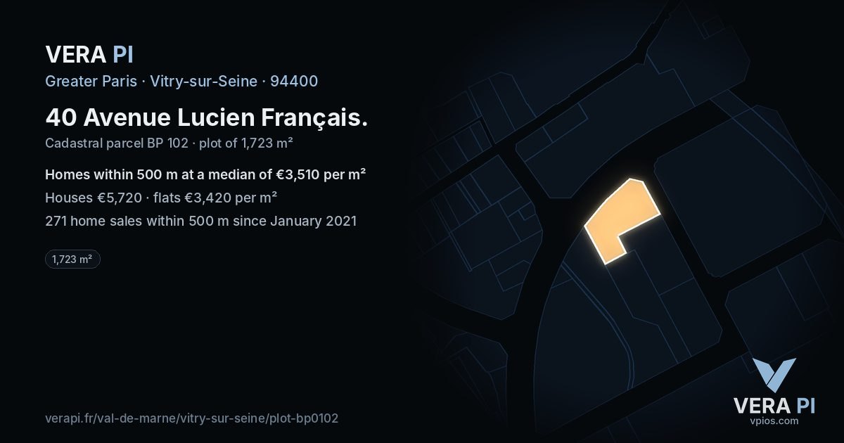 40 Avenue Lucien Français, Vitry-sur-Seine at night – the plot lit, the parcels around coloured by the prices near them
