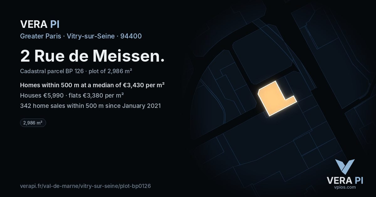 2 Rue de Meissen, Vitry-sur-Seine at night – the plot lit, the parcels around coloured by the prices near them