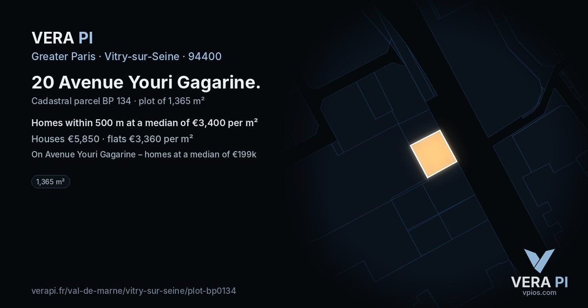 20 Avenue Youri Gagarine, Vitry-sur-Seine at night – the plot lit, the parcels around coloured by the prices near them