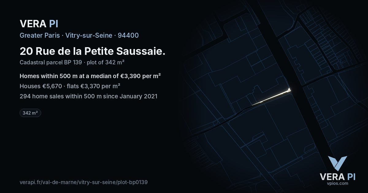 20 Rue de la Petite Saussaie, Vitry-sur-Seine at night – the plot lit, the parcels around coloured by the prices near them