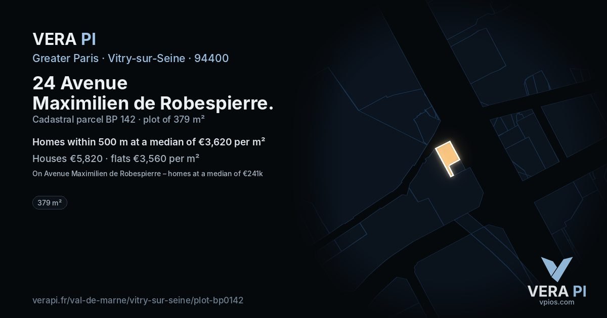 24 Avenue Maximilien de Robespierre, Vitry-sur-Seine at night – the plot lit, the parcels around coloured by the prices near them