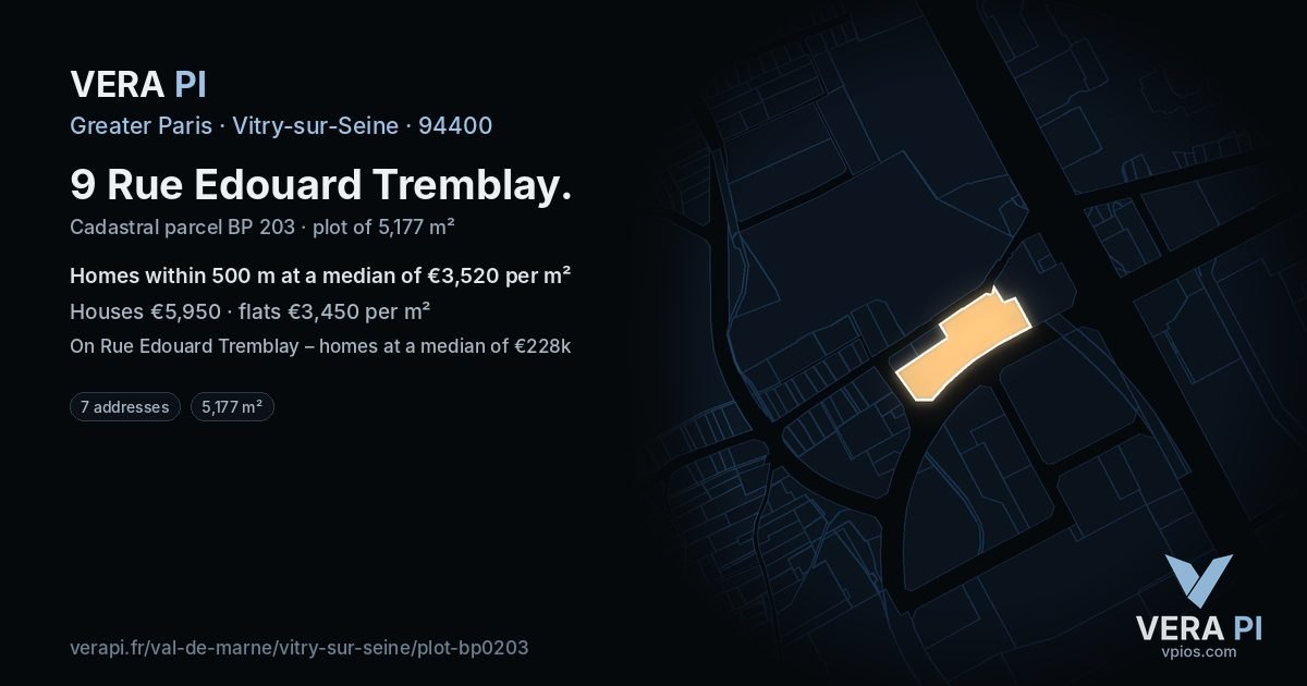 9 Rue Edouard Tremblay, Vitry-sur-Seine at night – the plot lit, the parcels around coloured by the prices near them