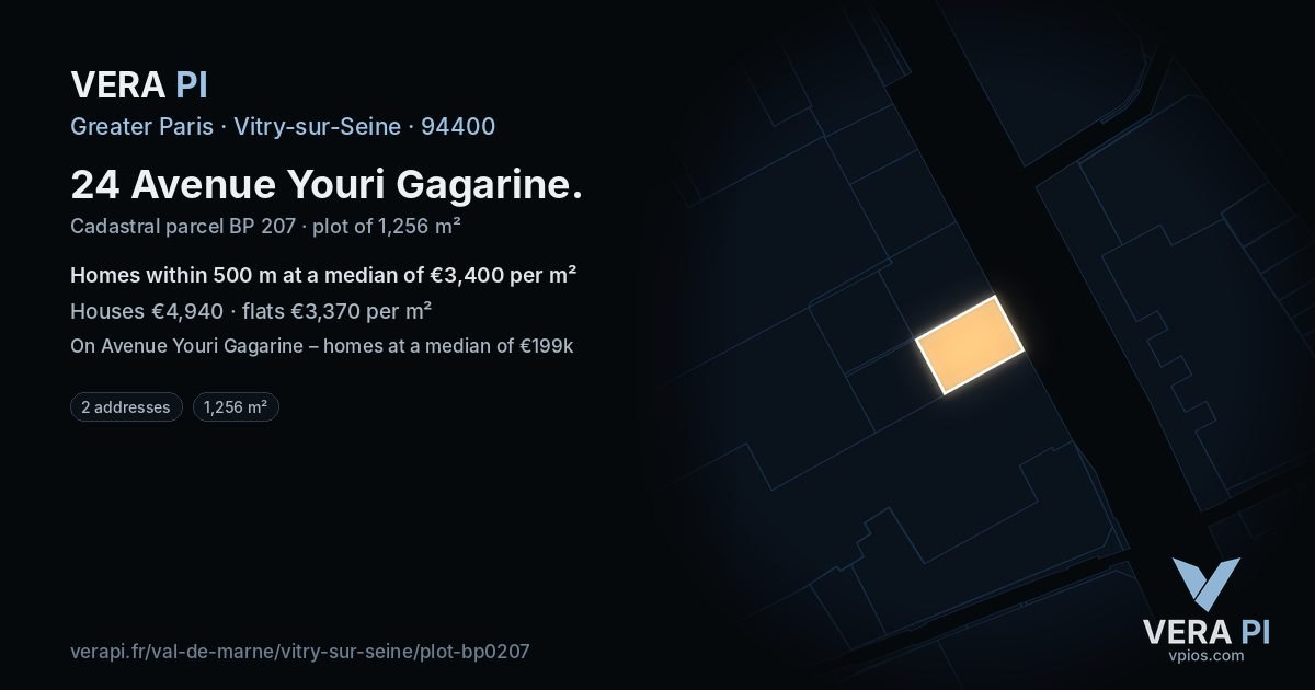 24 Avenue Youri Gagarine, Vitry-sur-Seine at night – the plot lit, the parcels around coloured by the prices near them