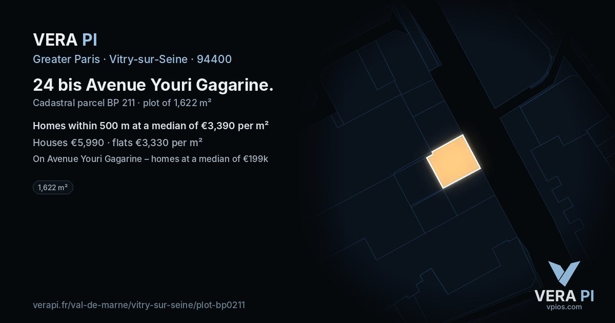 24 bis Avenue Youri Gagarine, Vitry-sur-Seine at night – the plot lit, the parcels around coloured by the prices near them