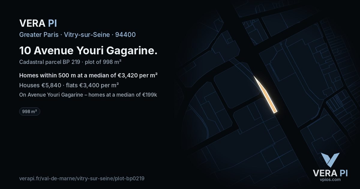 10 Avenue Youri Gagarine, Vitry-sur-Seine at night – the plot lit, the parcels around coloured by the prices near them