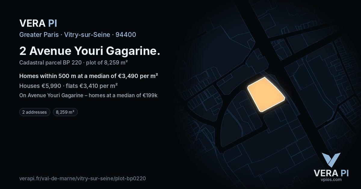2 Avenue Youri Gagarine, Vitry-sur-Seine at night – the plot lit, the parcels around coloured by the prices near them