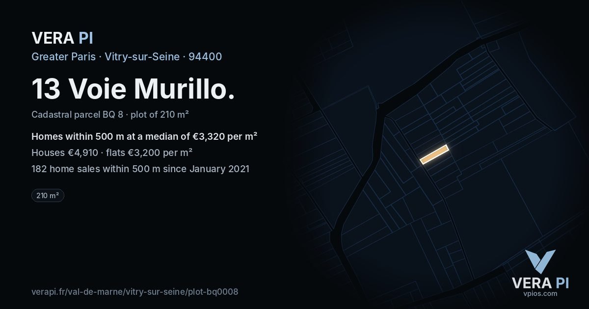 13 Voie Murillo, Vitry-sur-Seine at night – the plot lit, the parcels around coloured by the prices near them