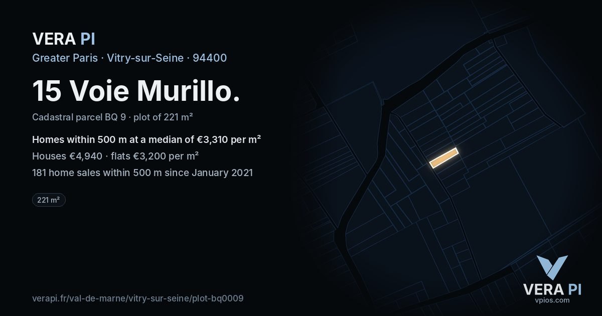 15 Voie Murillo, Vitry-sur-Seine at night – the plot lit, the parcels around coloured by the prices near them