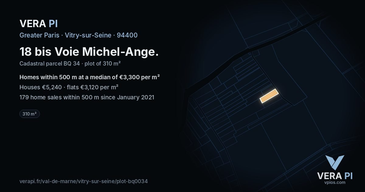 18 bis Voie Michel-Ange, Vitry-sur-Seine at night – the plot lit, the parcels around coloured by the prices near them