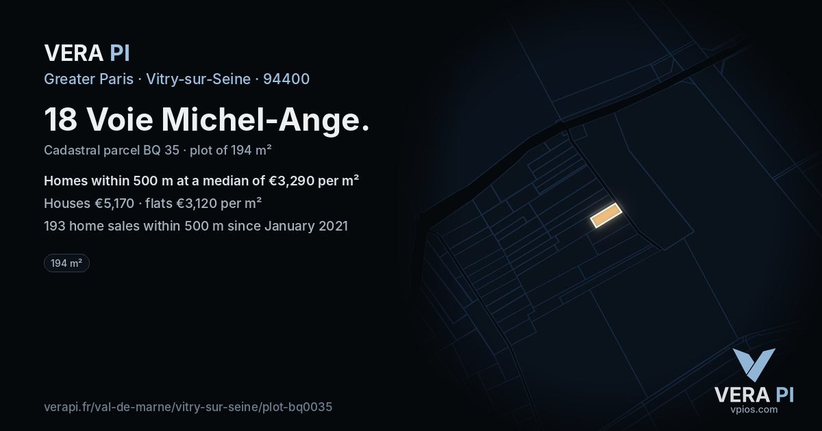18 Voie Michel-Ange, Vitry-sur-Seine at night – the plot lit, the parcels around coloured by the prices near them