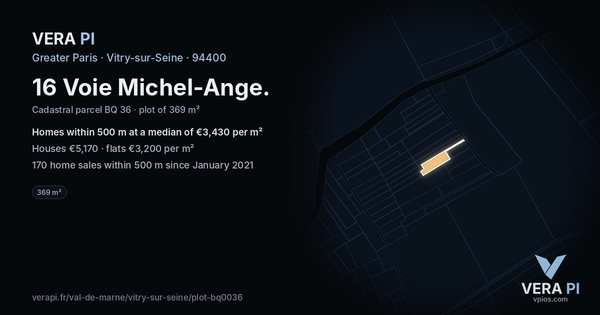 16 Voie Michel-Ange, Vitry-sur-Seine at night – the plot lit, the parcels around coloured by the prices near them