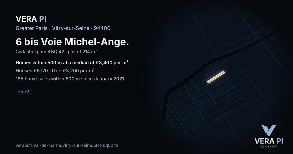 6 bis Voie Michel-Ange, Vitry-sur-Seine at night – the plot lit, the parcels around coloured by the prices near them