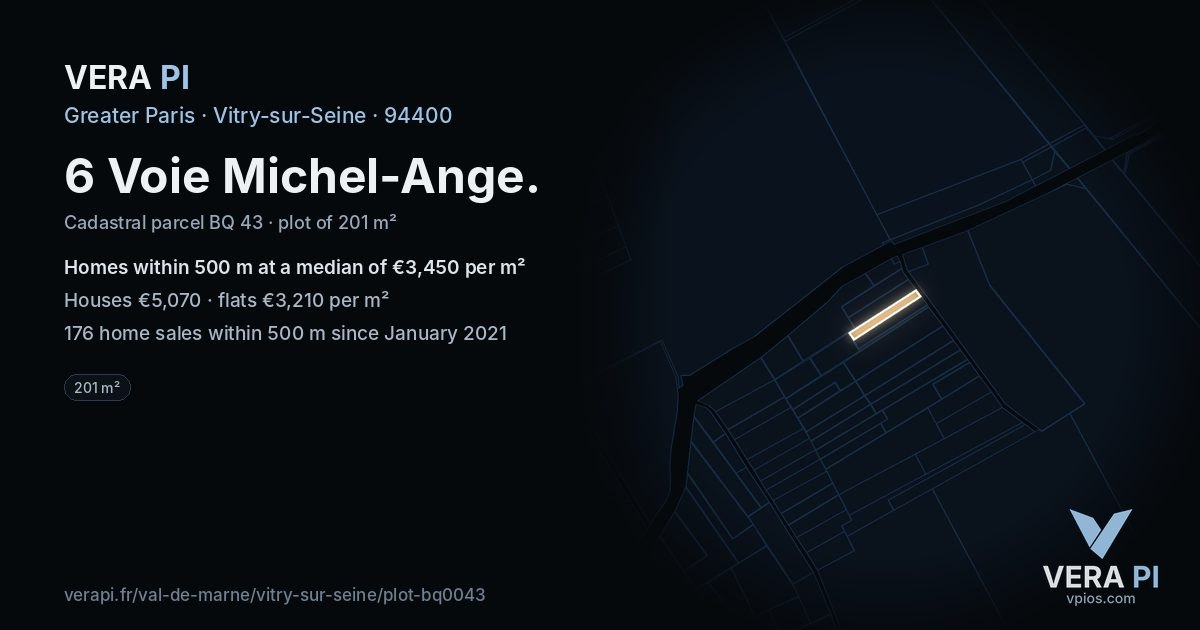 6 Voie Michel-Ange, Vitry-sur-Seine at night – the plot lit, the parcels around coloured by the prices near them