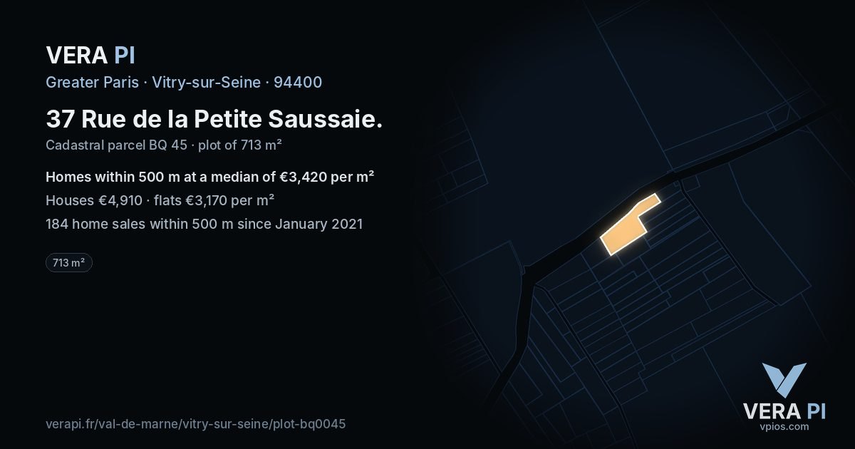37 Rue de la Petite Saussaie, Vitry-sur-Seine at night – the plot lit, the parcels around coloured by the prices near them