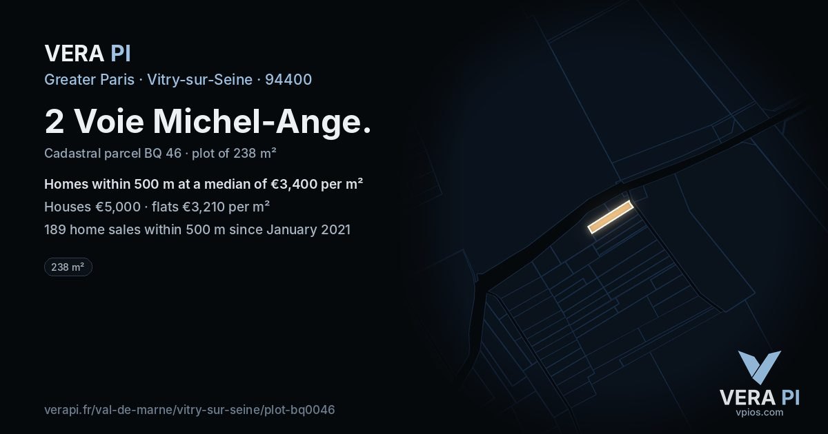 2 Voie Michel-Ange, Vitry-sur-Seine at night – the plot lit, the parcels around coloured by the prices near them