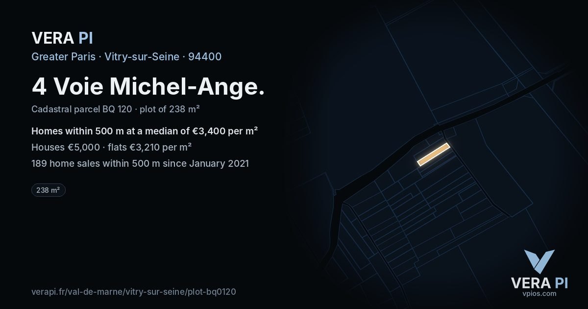 4 Voie Michel-Ange, Vitry-sur-Seine at night – the plot lit, the parcels around coloured by the prices near them