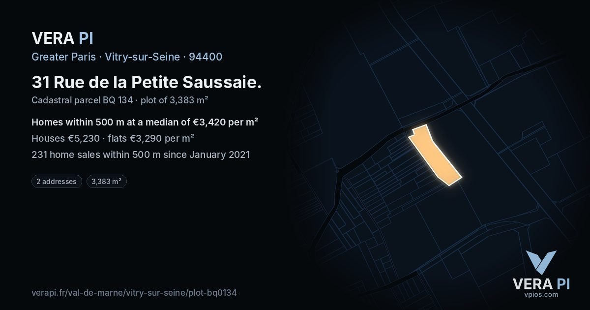 31 Rue de la Petite Saussaie, Vitry-sur-Seine at night – the plot lit, the parcels around coloured by the prices near them