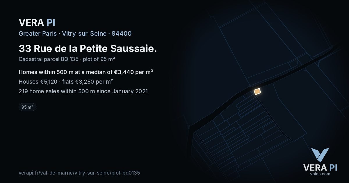 33 Rue de la Petite Saussaie, Vitry-sur-Seine at night – the plot lit, the parcels around coloured by the prices near them
