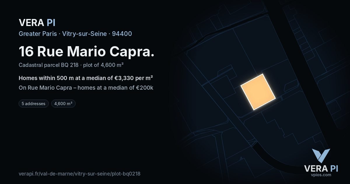 16 Rue Mario Capra, Vitry-sur-Seine at night – the plot lit, the parcels around coloured by the prices near them