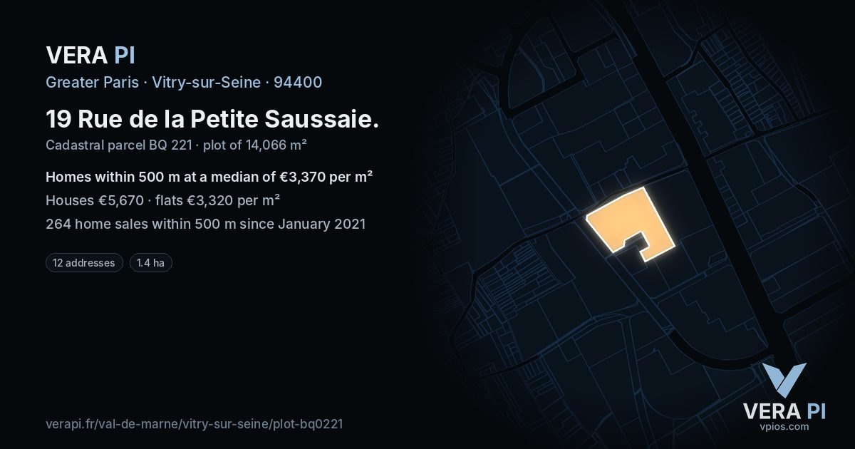 19 Rue de la Petite Saussaie, Vitry-sur-Seine at night – the plot lit, the parcels around coloured by the prices near them