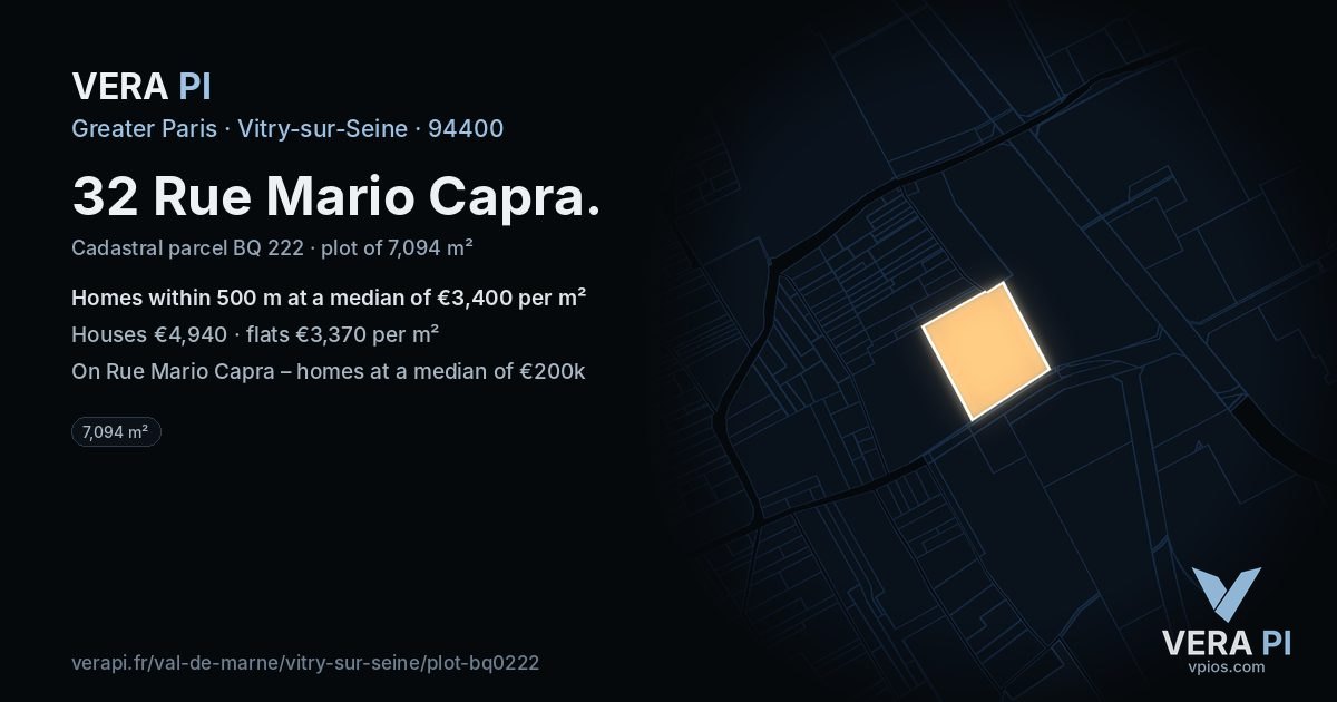 32 Rue Mario Capra, Vitry-sur-Seine at night – the plot lit, the parcels around coloured by the prices near them