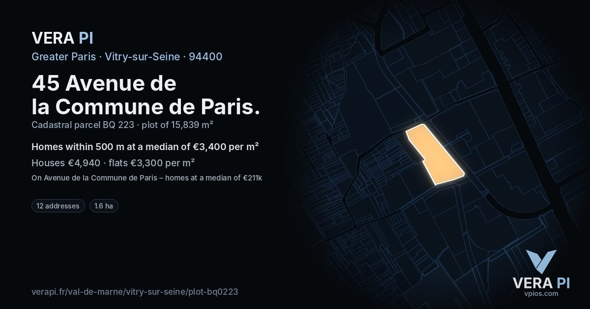 45 Avenue de la Commune de Paris, Vitry-sur-Seine at night – the plot lit, the parcels around coloured by the prices near them