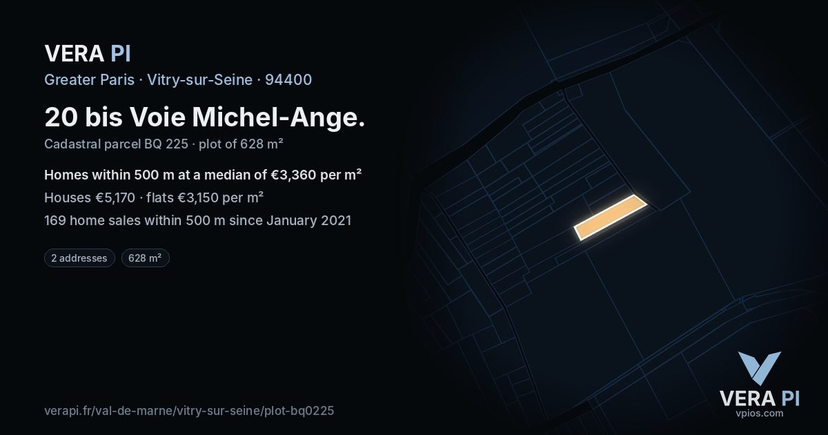 20 bis Voie Michel-Ange, Vitry-sur-Seine at night – the plot lit, the parcels around coloured by the prices near them