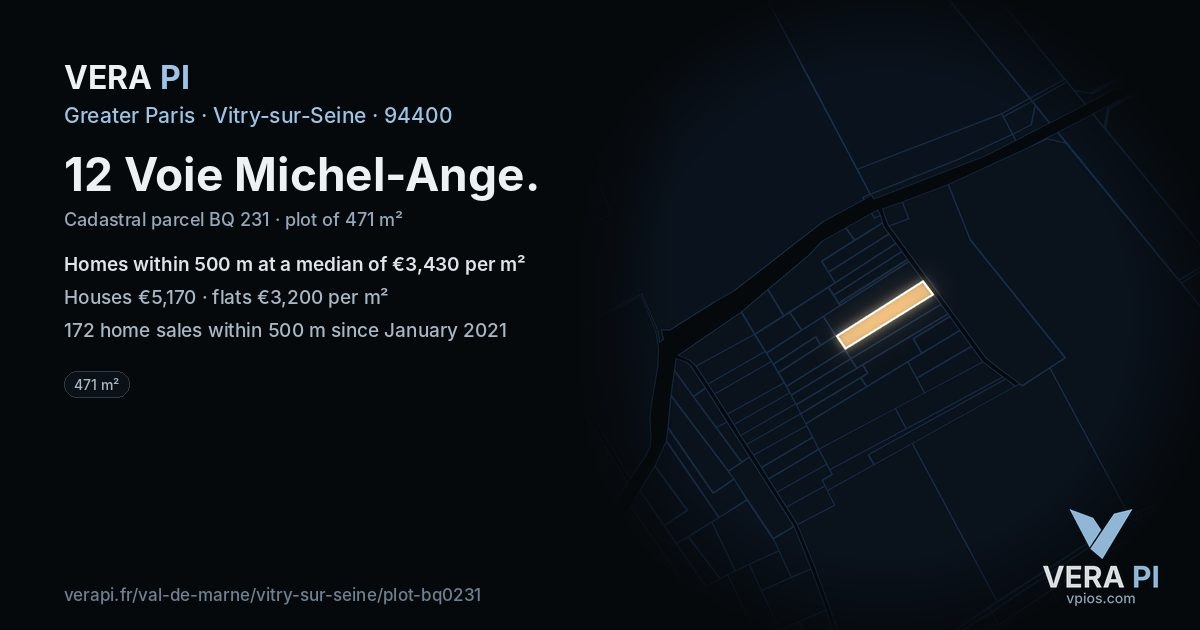 12 Voie Michel-Ange, Vitry-sur-Seine at night – the plot lit, the parcels around coloured by the prices near them