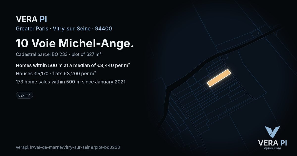 10 Voie Michel-Ange, Vitry-sur-Seine at night – the plot lit, the parcels around coloured by the prices near them