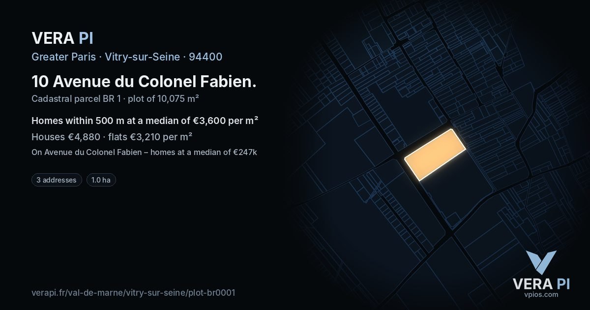 10 Avenue du Colonel Fabien, Vitry-sur-Seine at night – the plot lit, the parcels around coloured by the prices near them