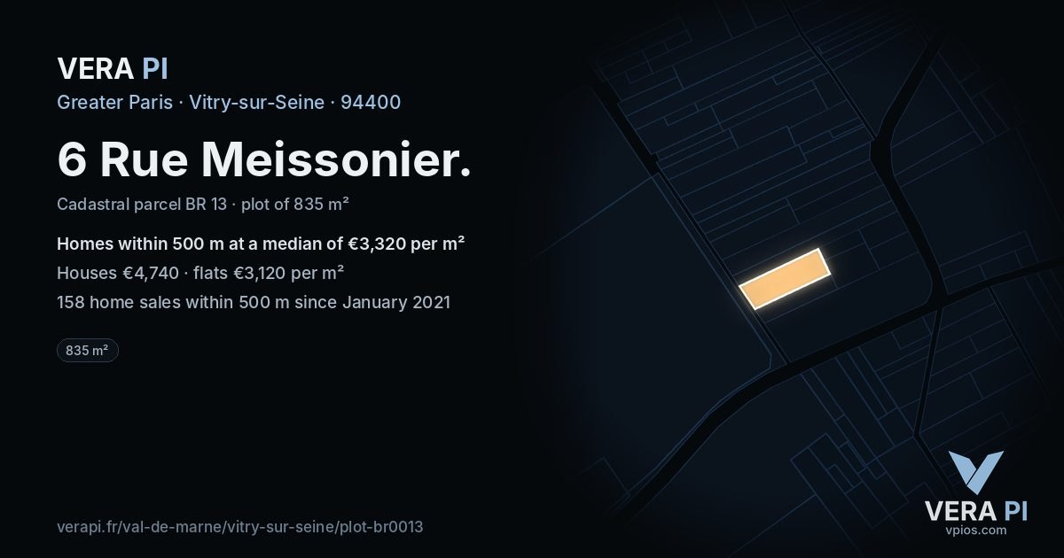 6 Rue Meissonier, Vitry-sur-Seine at night – the plot lit, the parcels around coloured by the prices near them