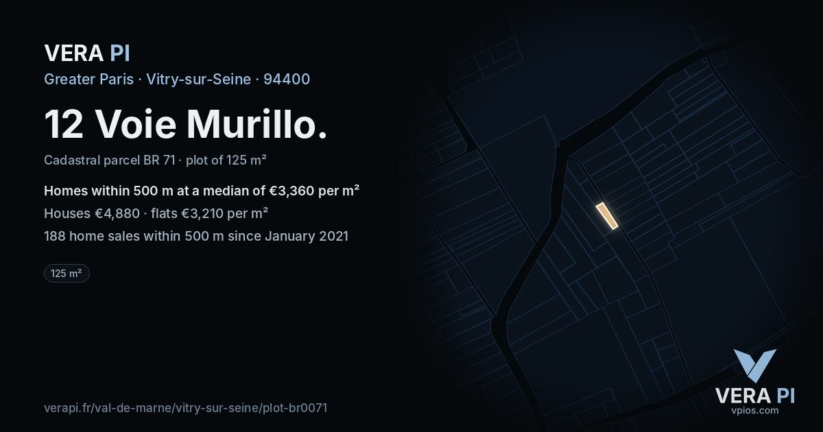 12 Voie Murillo, Vitry-sur-Seine at night – the plot lit, the parcels around coloured by the prices near them