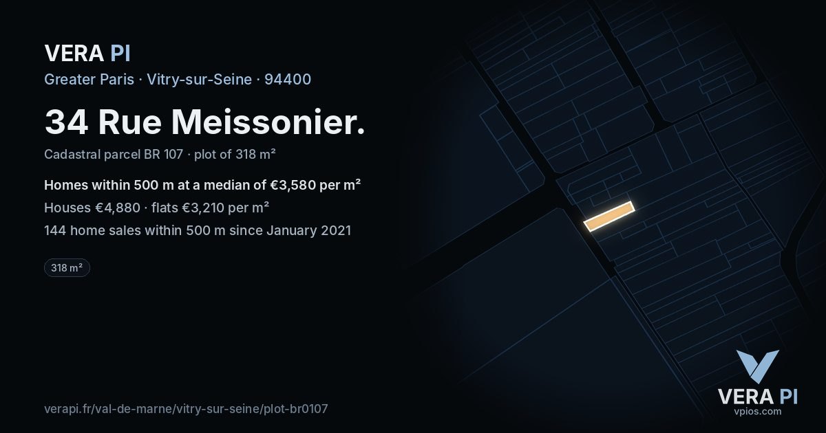 34 Rue Meissonier, Vitry-sur-Seine at night – the plot lit, the parcels around coloured by the prices near them