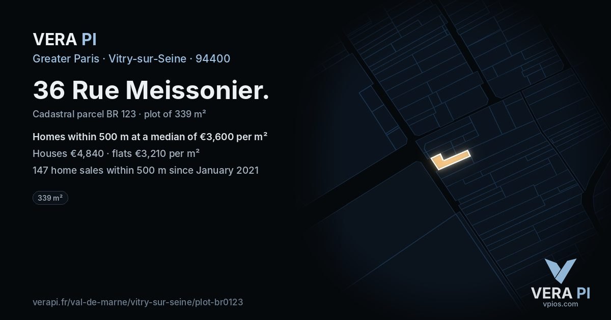 36 Rue Meissonier, Vitry-sur-Seine at night – the plot lit, the parcels around coloured by the prices near them