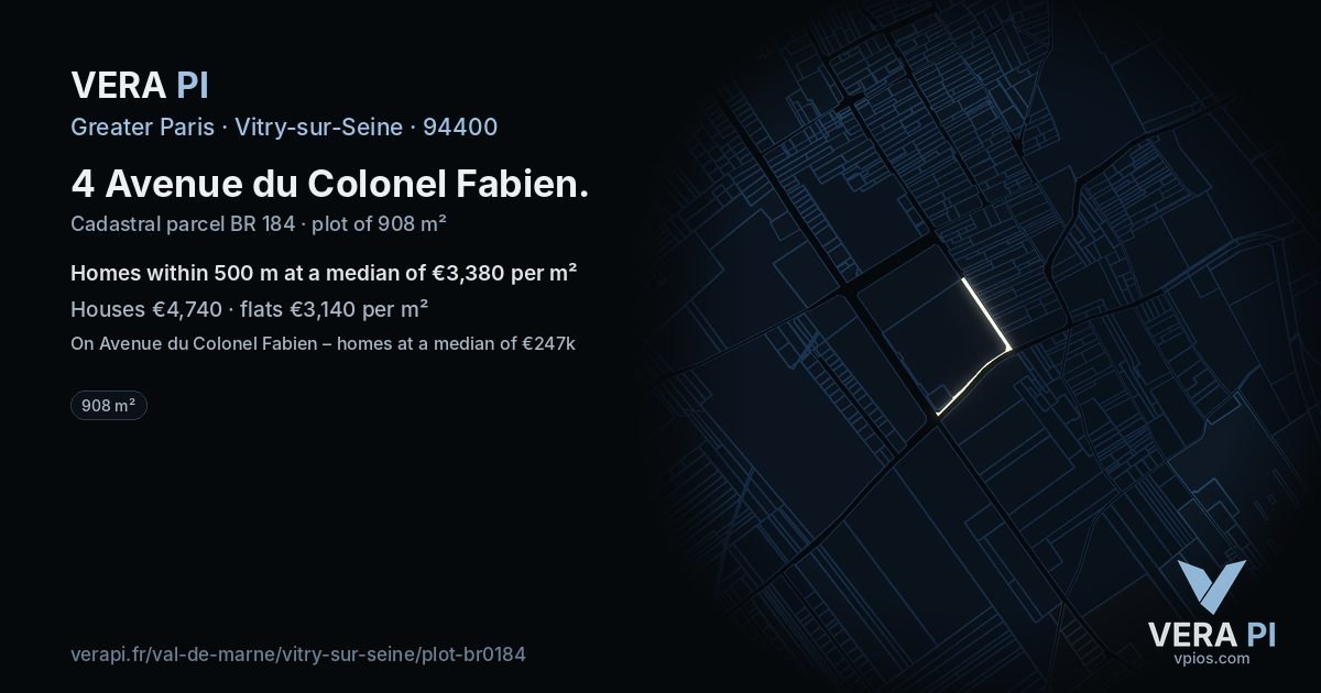 4 Avenue du Colonel Fabien, Vitry-sur-Seine at night – the plot lit, the parcels around coloured by the prices near them
