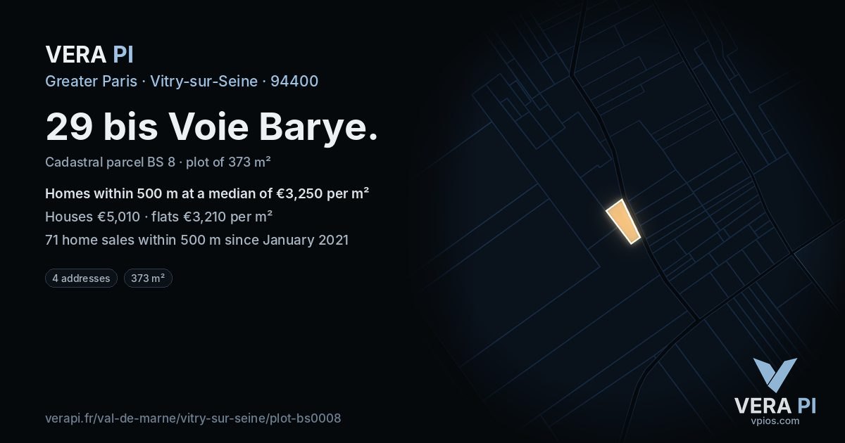 29 bis Voie Barye, Vitry-sur-Seine at night – the plot lit, the parcels around coloured by the prices near them