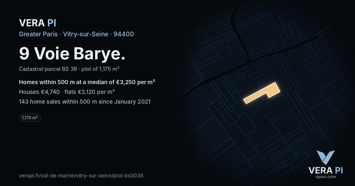 9 Voie Barye, Vitry-sur-Seine at night – the plot lit, the parcels around coloured by the prices near them