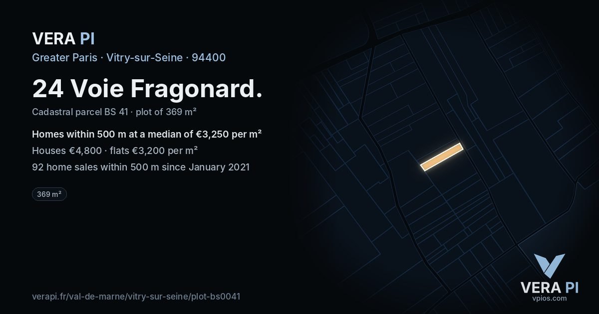 24 Voie Fragonard, Vitry-sur-Seine at night – the plot lit, the parcels around coloured by the prices near them
