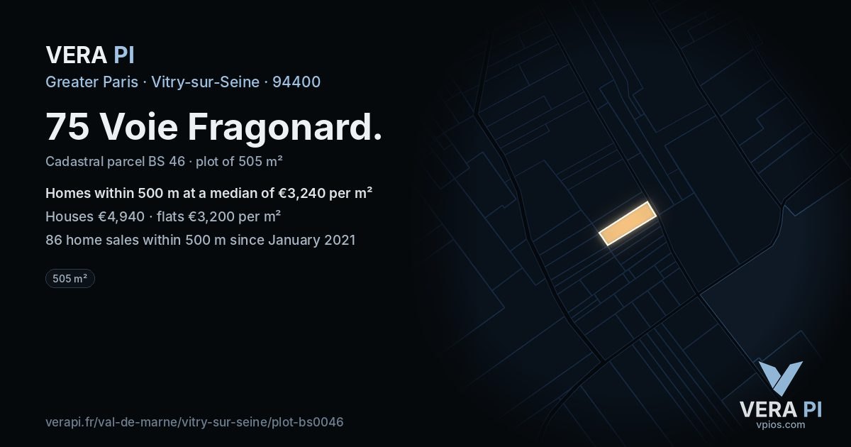 75 Voie Fragonard, Vitry-sur-Seine at night – the plot lit, the parcels around coloured by the prices near them
