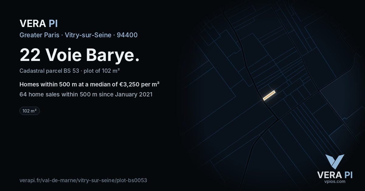 22 Voie Barye, Vitry-sur-Seine at night – the plot lit, the parcels around coloured by the prices near them