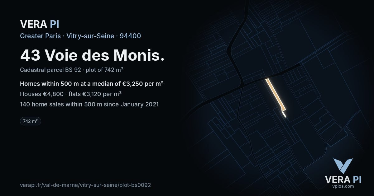 43 Voie des Monis, Vitry-sur-Seine at night – the plot lit, the parcels around coloured by the prices near them