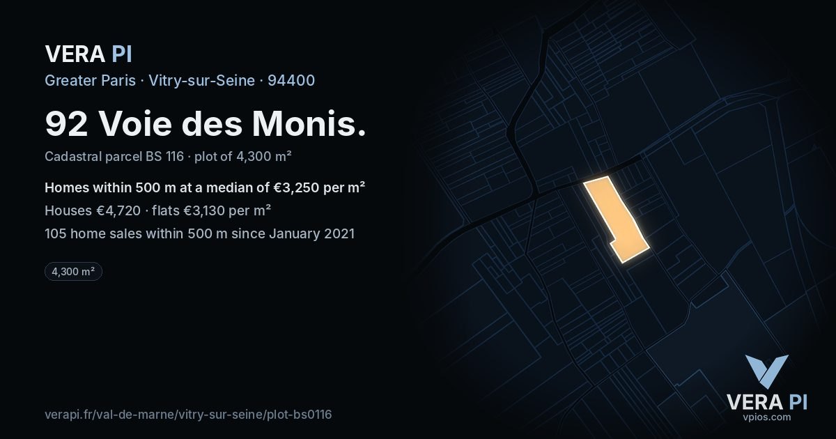 92 Voie des Monis, Vitry-sur-Seine at night – the plot lit, the parcels around coloured by the prices near them
