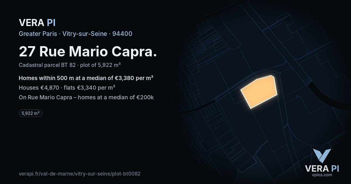 27 Rue Mario Capra, Vitry-sur-Seine at night – the plot lit, the parcels around coloured by the prices near them
