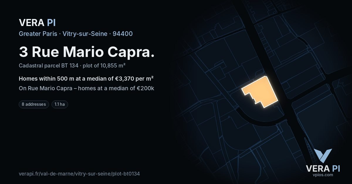 3 Rue Mario Capra, Vitry-sur-Seine at night – the plot lit, the parcels around coloured by the prices near them
